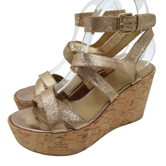 Stuart Weitzman Women 9M Gold Glitter Cork Platform Wedge Sandals Strappy Shoes - Picture 1 of 13